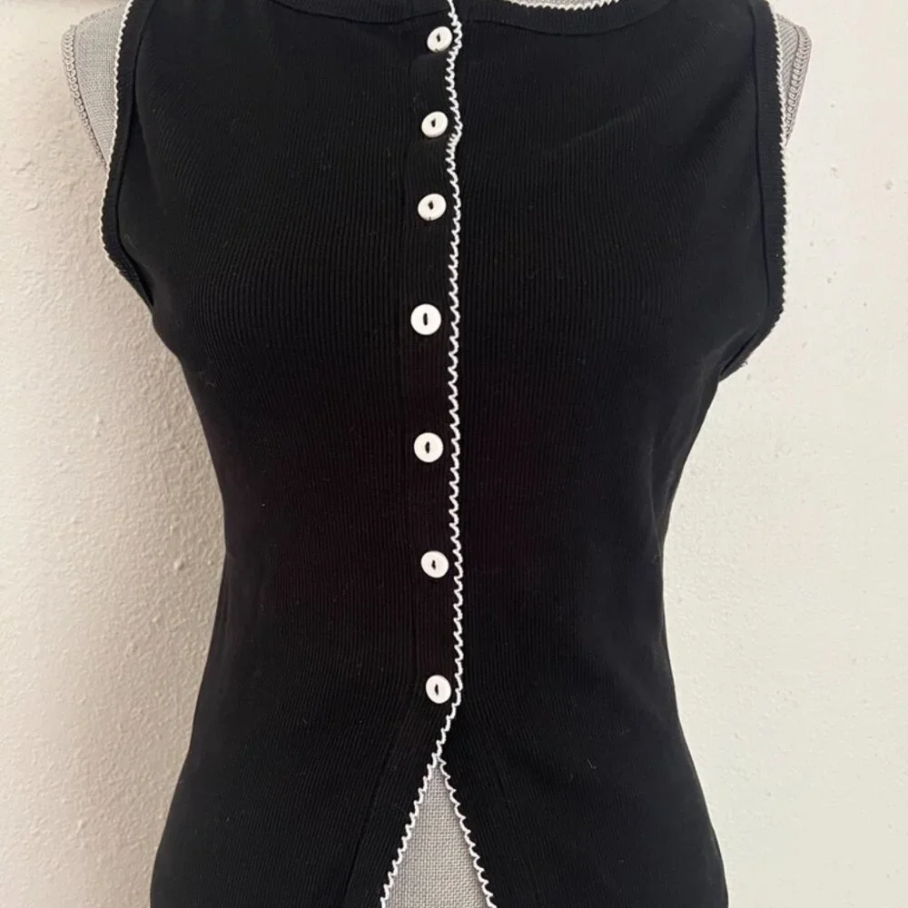 ASOS Black Contrast Trim Sleeveless Button Tank Top - Picture 4 of 5